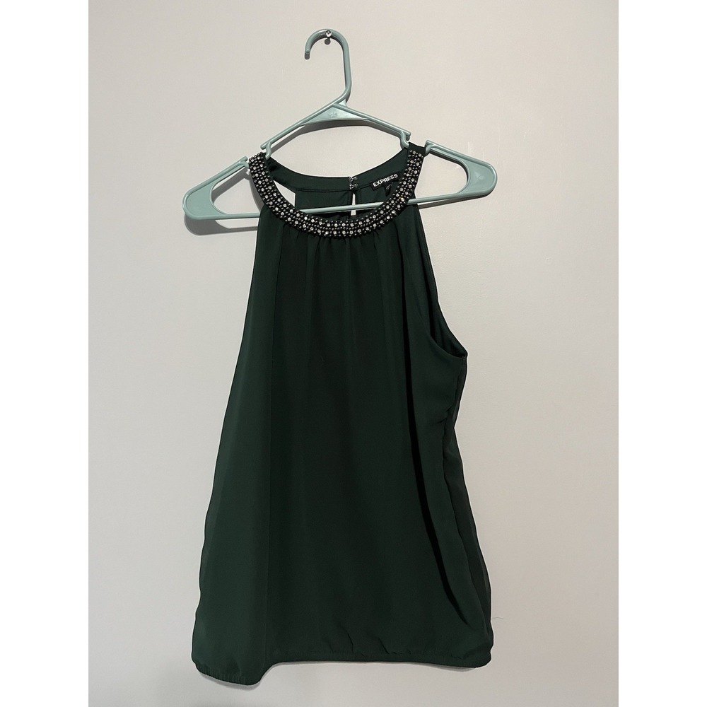 Express Hunter Green Sleeveless Halter Top with Embellished Neckline Medium